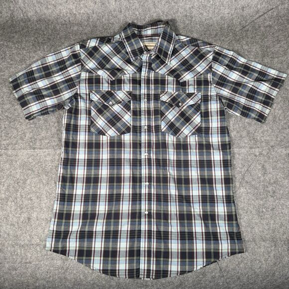 Bit & Bridle Shirt Men Large Black Red Plaid Short Sleeve Pearl Snap Flap Pocket - Picture 1 of 5